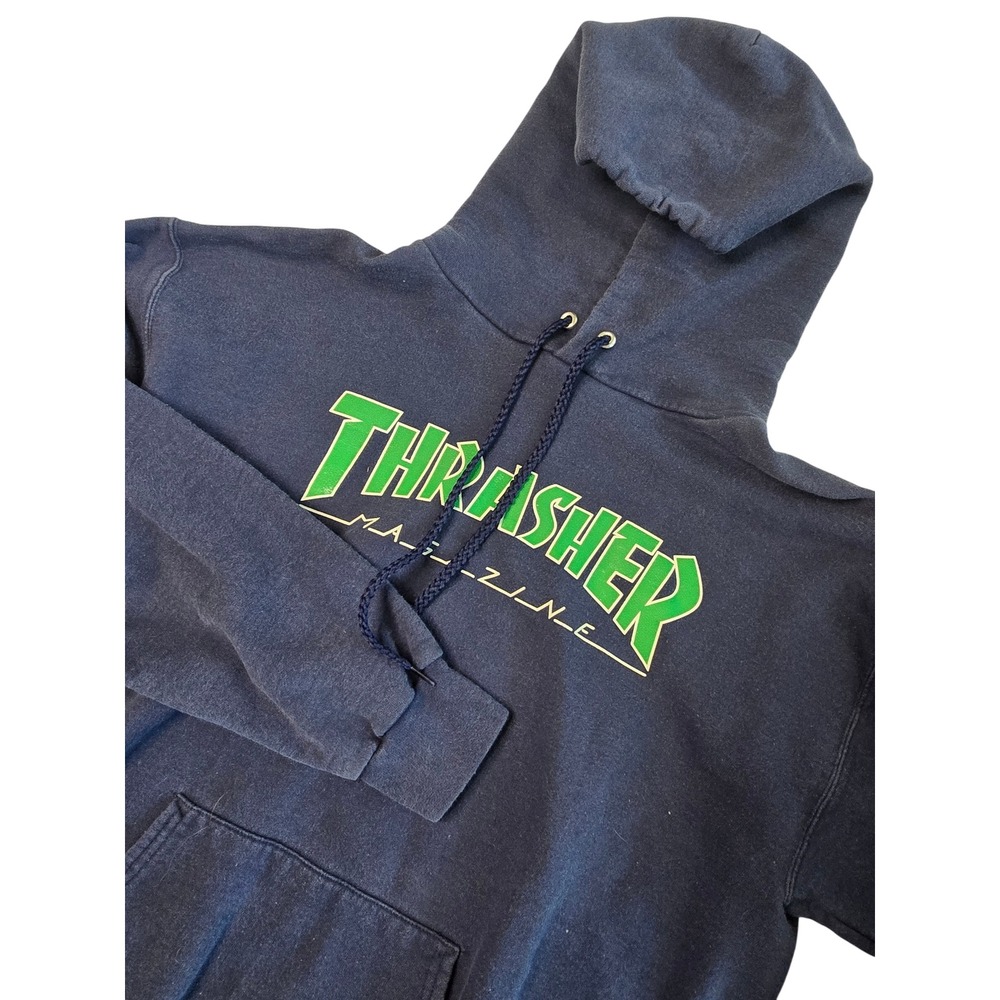 Thrasher Magazine Hoodie Blue Green Outlined Logo Pullover Sweatshirt Skater EUC